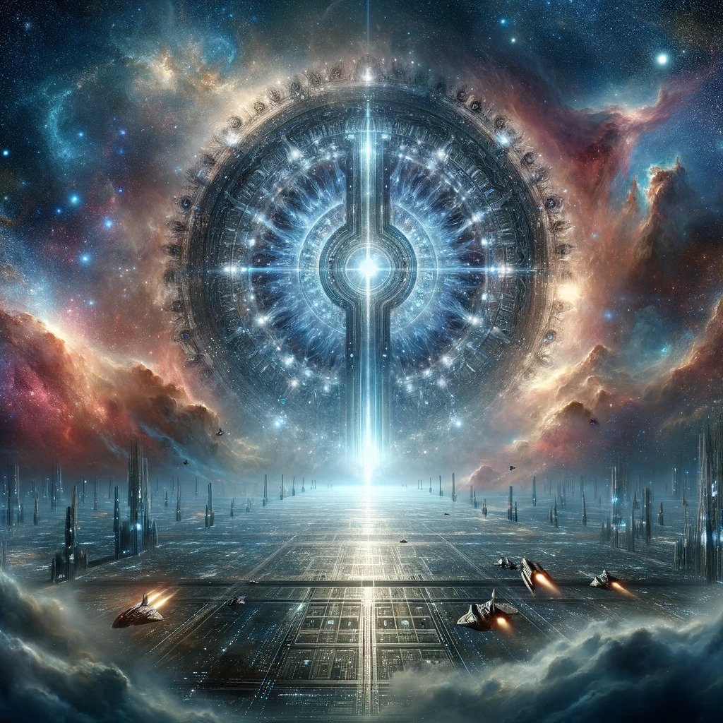 DALL·E 2024-03-17 18.17.36 - A fantastical and ethereal depiction of the Tannhauser Gate, inspired by science fiction imagery. The scene is set in the vastness of space, with a su.webp